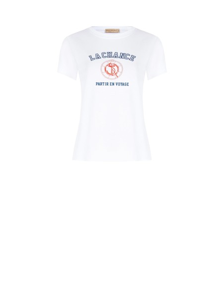 T-shirt regular em mistura de algodão com estampado navy e strass Rinascimento