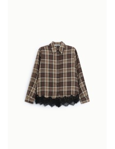 Camisa com estampa xadrez, com borda em renda e mangas compridas Please 2