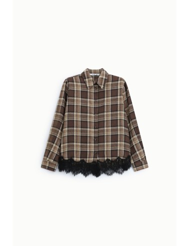 Camisa com estampa xadrez, borda em renda e mangas compridas Please