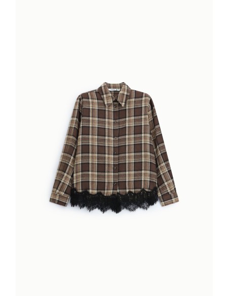 Camisa com estampa xadrez, borda em renda e mangas compridas Please