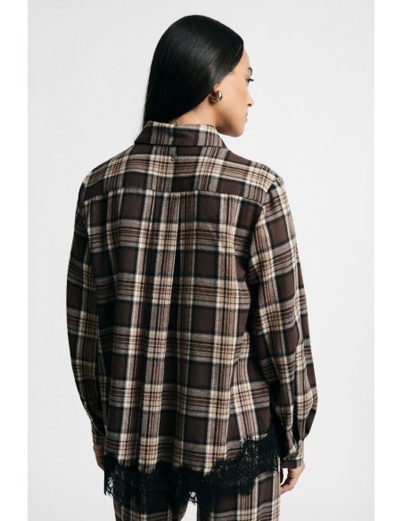 Camisa com estampa xadrez com borda em renda e mangas compridas Please