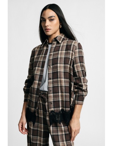 Camisa com estampa xadrez, com borda em renda e mangas compridas Please