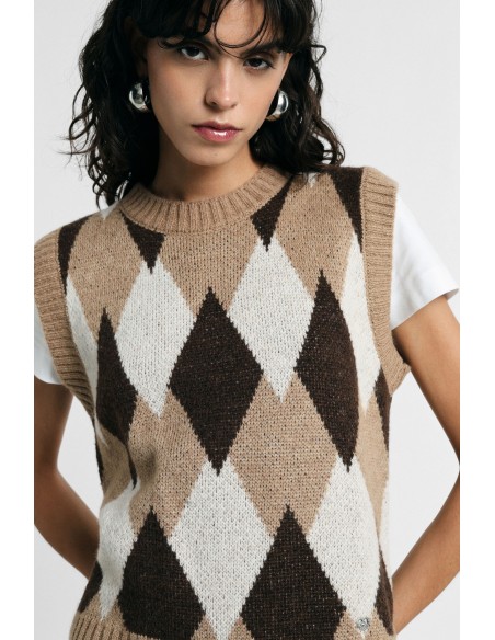 Camisola sem mangas com gola redonda e padrão de losangos Please