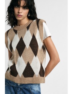 Camisola sem mangas com gola redonda e motivo de losangos Please