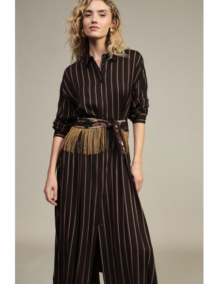 Vestido Longo às Riscas com Cinto de Franjas Dixie