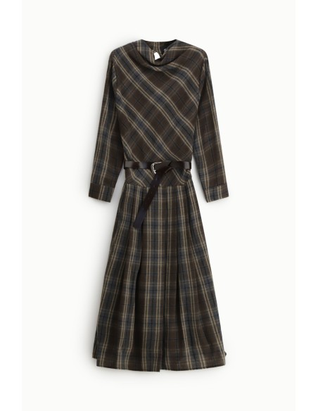 Vestido midi xadrez com cinto e mangas compridas Dixie