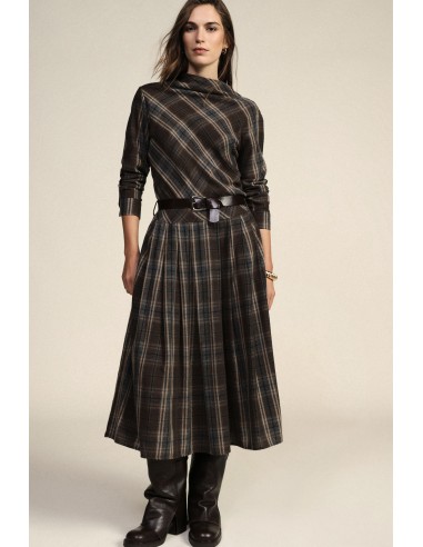 Vestido midi aos quadrados com cinto e mangas compridas Dixie