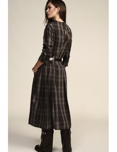 Vestido midi xadrez com cinto e mangas compridas Dixie