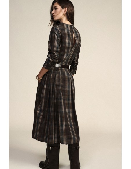 Vestido midi xadrez com cinto e mangas compridas Dixie