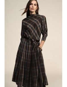 Vestido Midi Xadrez com Cinto e Mangas Compridas Dixie
