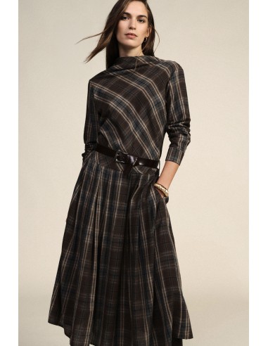 Vestido Midi Xadrez com Cinto e Mangas Compridas Dixie