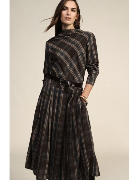 Vestido Midi Xadrez com Cinto e Mangas Compridas Dixie