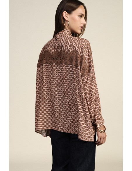 Camisa Estampada Com Inserções Bordadas E Nó No Colarinho Dixie