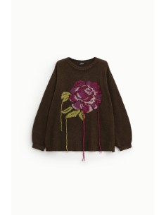 Camisola de gola redonda com rosa bordada e detalhes em fios Dixie 2