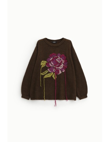 Camisola de Gola Redonda com Rosa Bordada e Detalhes em Fios Dixie