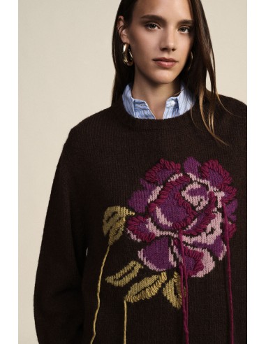 Camisola Gola Redonda Com Rosa Bordada E Pormenores Em Fios Dixie