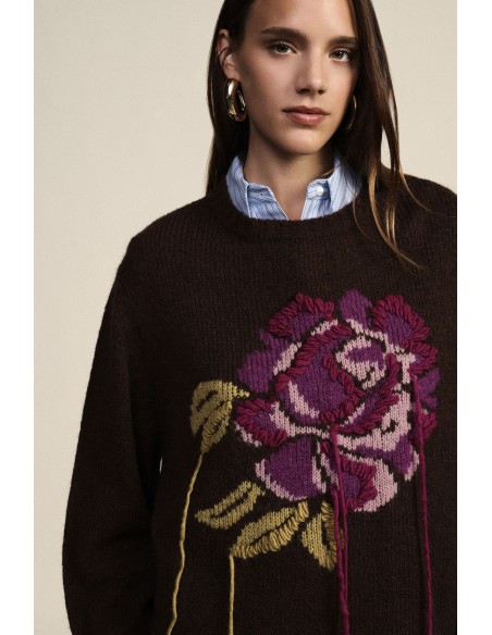 Camisola Gola Redonda Com Rosa Bordada E Pormenores Em Fios Dixie
