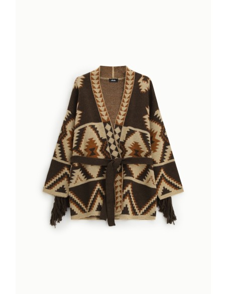Cardigan com Estampa Geométrica, Cinto e Franjas Dixie