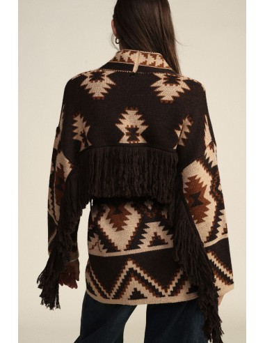 Cardigan com Estampa Geométrica, Cinto e Franjas Dixie
