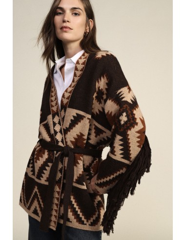 Cardigan com estampa geométrica, cinto e franjas Dixie