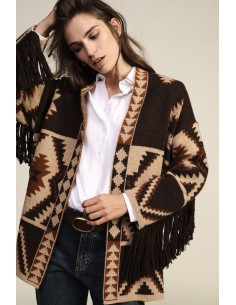 Cardigan com estampa geométrica, cinto e franjas Dixie