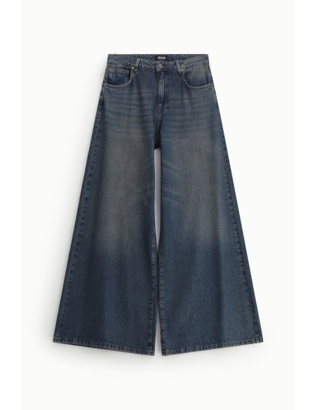 Jeans de perna larga, cintura alta, com cinco bolsos Dixie