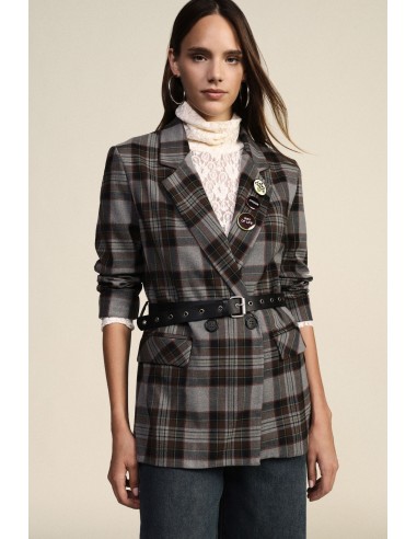 Blazer de duplo peito xadrez com cinto e broches Dixie