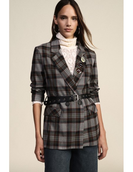 Blazer de duplo peito xadrez com cinto e broches Dixie