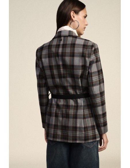 Blazer de Abotoamento Duplo Xadrez com Cinto e Broches Dixie