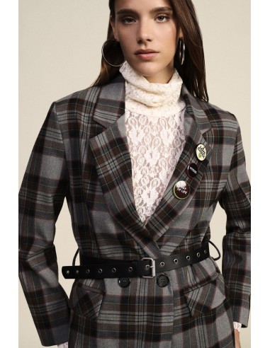 Blazer cruzado de xadrez com cinto e broches Dixie