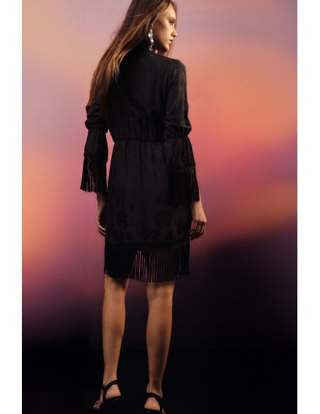 Vestido curto com mangas de folhos e franjas Dixie