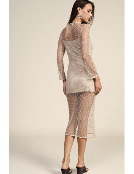 Vestido Longo em Rede com Mangas Compridas e Forro Dixie