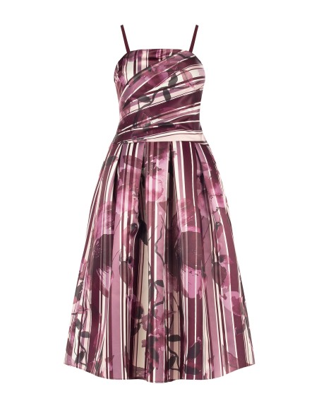 Vestido Midi Bustier em Cetim Estruturado Duchesse com Flores e Riscas Rinascimento