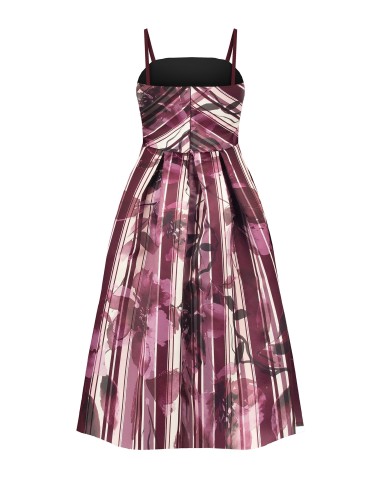 Vestido midi bustier em cetim duchesse estruturado com flores e riscas Rinascimento