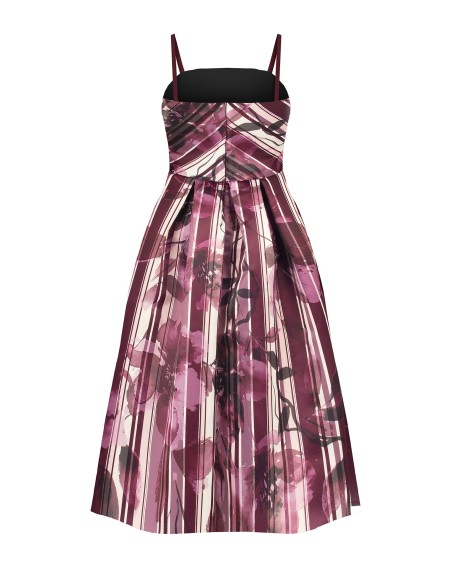 Vestido midi bustier em cetim duchesse estruturado com flores e riscas Rinascimento