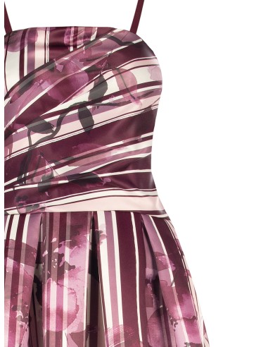 Vestido midi bustier em cetim duchesse estruturado com flores e riscas Rinascimento