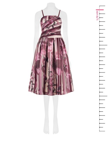 Vestido midi bustier em cetim duchesse estruturado com flores e riscas Rinascimento
