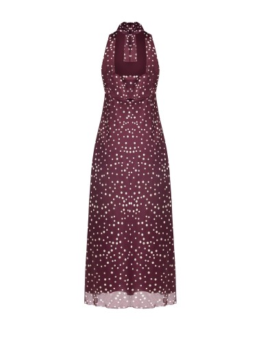Vestido longo em cetim com padrão de bolinhas, ligeiramente franzido, com laço e recorte nas costas Rinascimento