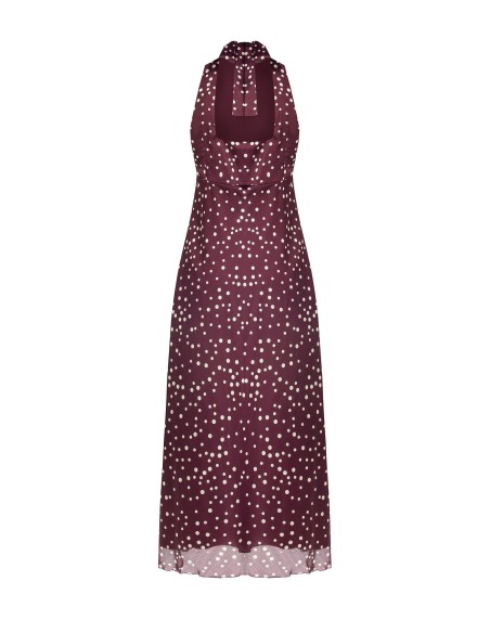Vestido longo em cetim com padrão de bolinhas, ligeiramente franzido, com laço e recorte nas costas Rinascimento
