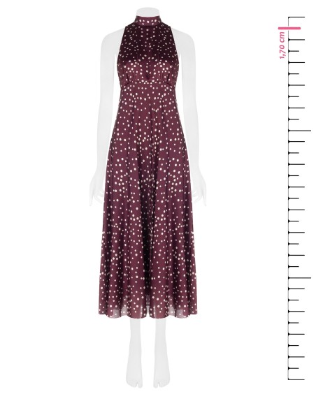 Vestido longo em cetim às bolinhas ligeiramente franzido com laço e recorte nas costas Rinascimento