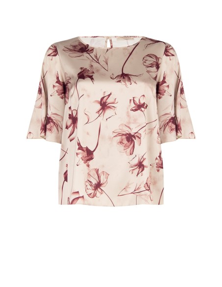 Blusa Curvy em cetim com grandes flores esfumadas e mangas com pala Rinascimento Curvy