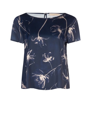 Blusa ampla e fluida em cetim com flores grandes Rinascimento