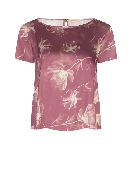 Blusa Ampla e Fluida em Cetim com Flores Grandes Rinascimento