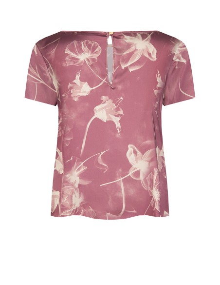 Blusa ampla e fluida em cetim com flores grandes Rinascimento