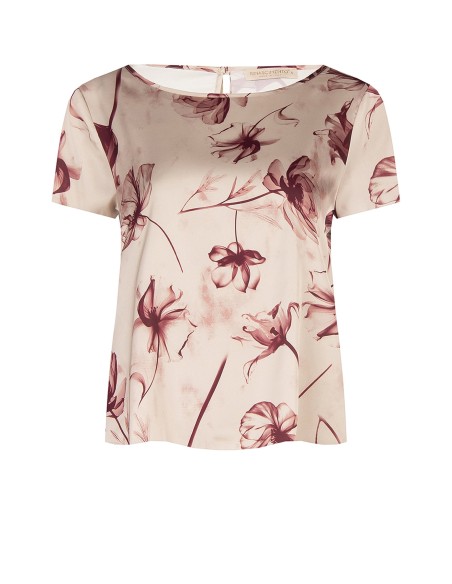 Blusa ampla e fluida em cetim com flores grandes Rinascimento
