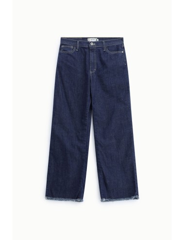 Jeans de cinco bolsos, de corte direito, com fundo desfiado, por favor