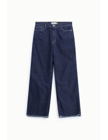 Jeans de cinco bolsos, de corte direito, com fundo desfiado, por favor