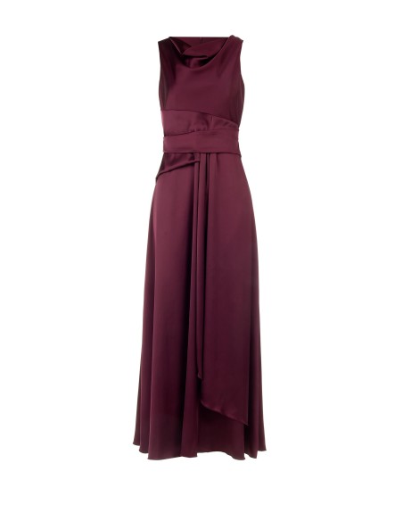 Vestido comprido de cetim com efeito de faixa na cintura e folho comprido à frente Rinascimento