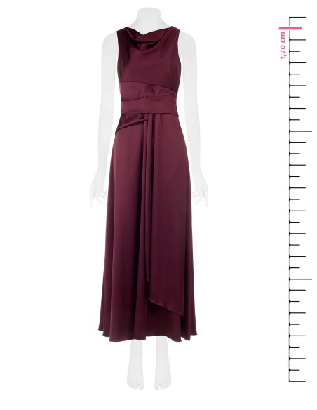 Vestido comprido em cetim com efeito de faixa na cintura e folho comprido à frente Rinascimento