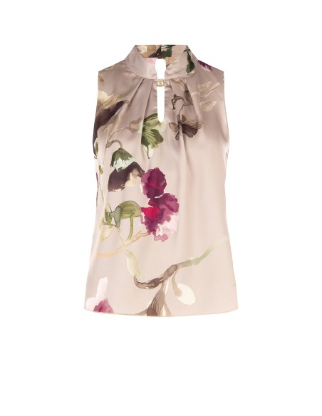 Top fluido em cetim com padrão floral, com colarinho e botão joia Rinascimento